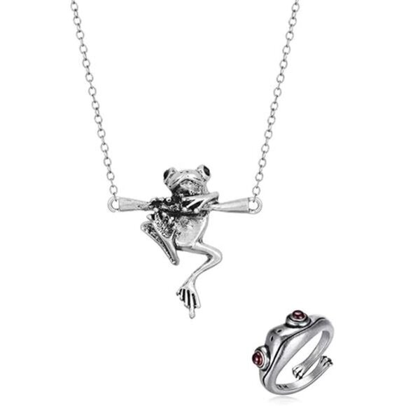 Hanging Frog Necklace Set Silver Tree Ring Frog Necklaces Set Pendant Ring - Picture 8 of 8